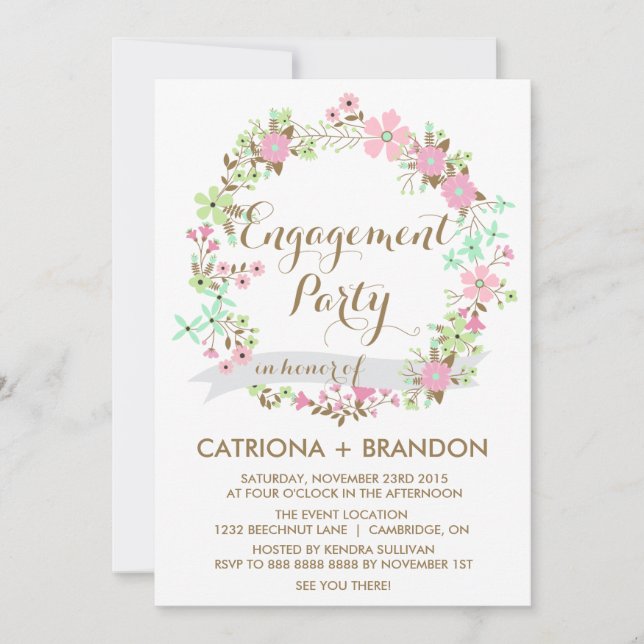 Colorful Floral Wreath Engagement Party Invitation (Front)