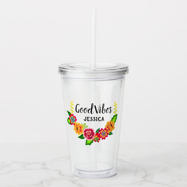 Colorful Floral Wreath Modern Good Vibes Acrylic Tumbler (Front)