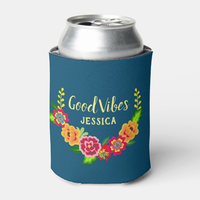 Colorful Floral Wreath Modern Good Vibes Can Cooler (Can Front)