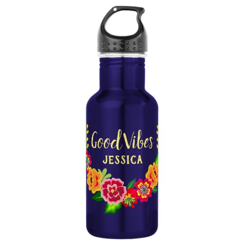 Colorful Floral Wreath Modern Good Vibes Stainless Steel Water Bottle