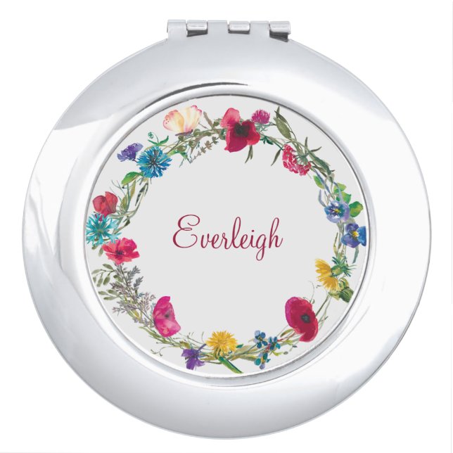 Colorful Floral Wreath Monogrammed compact mirror (Front)