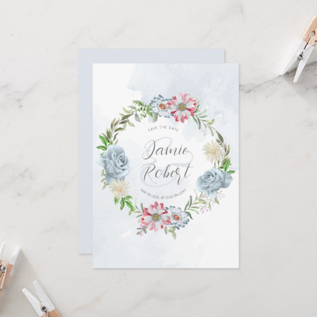 Colorful floral wreath Save the Date Invitation (Front/Back In Situ)