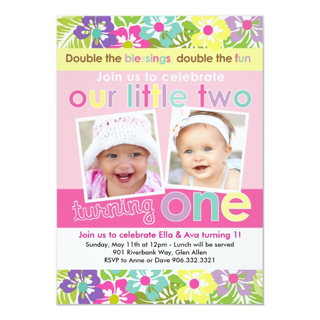 Colorful Florals Twin Girls First Birthday Invitation