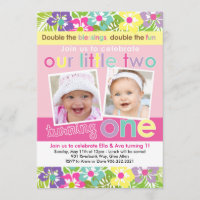 Colorful Florals Twin Girls First Birthday Invitation