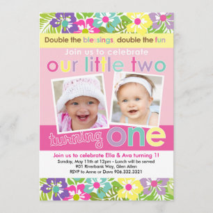 Colorful Florals Twin Girls First Birthday Invitation