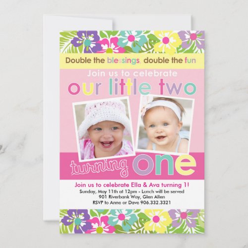 Colorful Florals Twin Girls First Birthday Invitation