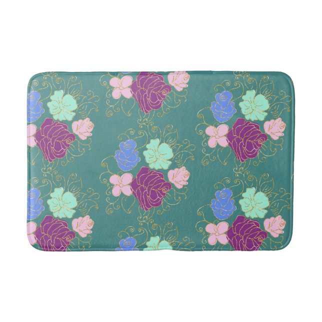 Colorful Florals With Gold Pattern Bath Mat (Front)