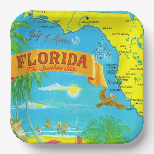 Colorful Florida Postcard Map  Paper Plates (Front)