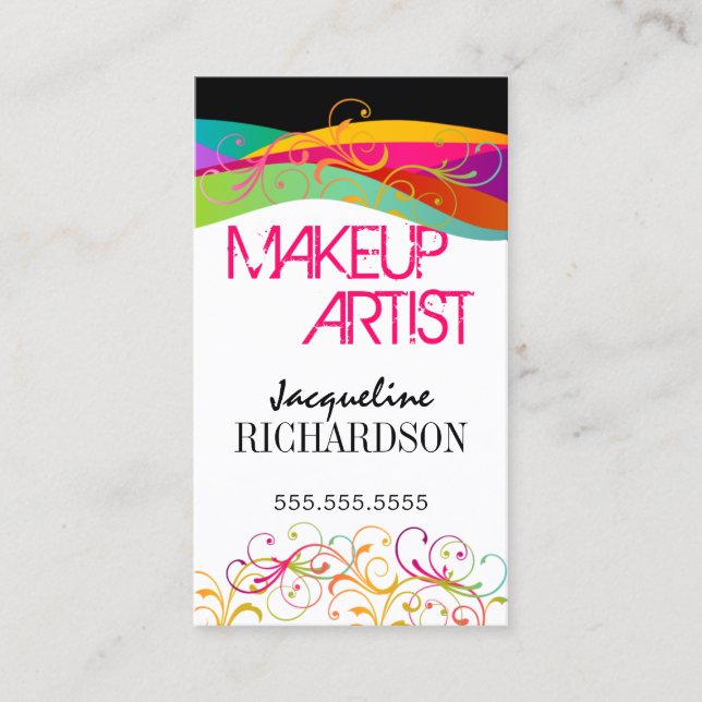 Colorful Flourish Swirls Makeup Artist Business Card (Front)
