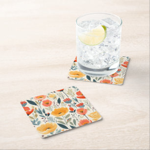 Colorful Flower Art Square Paper Coaster