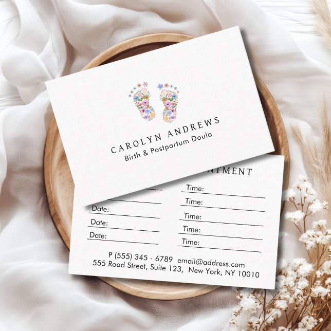 Colorful Flower Baby Footprint Logo White Appointment Card (Colorful Flower Baby Footprint Logo White Appointment Card for Midwives, Doulas & Baby Service.)
