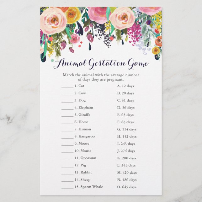 Colorful Flower Baby Shower Animal Gestation Game (Front)