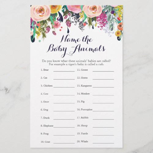 Colorful Flower Baby Shower Baby Animal Name Game