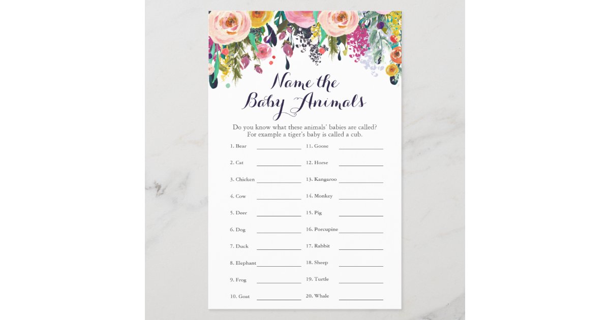 Colorful Flower Baby Shower Baby Animal Name Game Zazzle Com