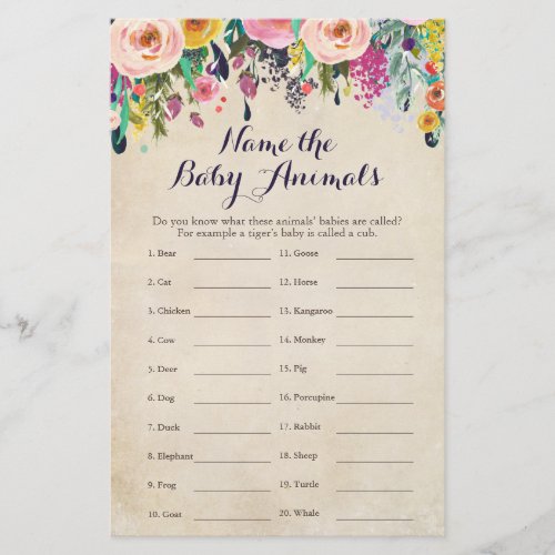 Colorful Flower Baby Shower Baby Animal Name Game