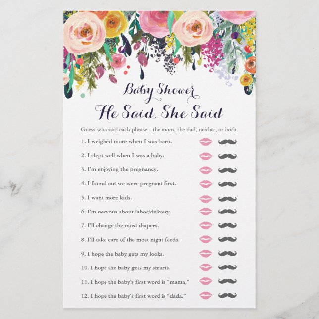 Colorful Flower Baby Shower He Said She Said Game (Front)
