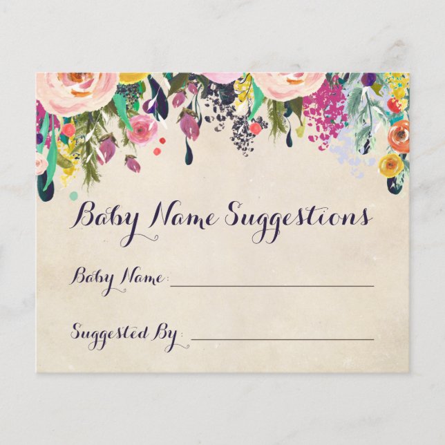 Colorful Flower Baby Shower Name Suggestion Cards (Front)