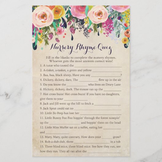 Colorful Flower Baby Shower Nursery Rhyme Quiz (Front)