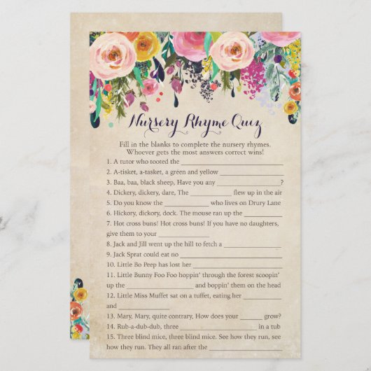 Colorful Flower Baby Shower Nursery Rhyme Quiz (Front/Back)