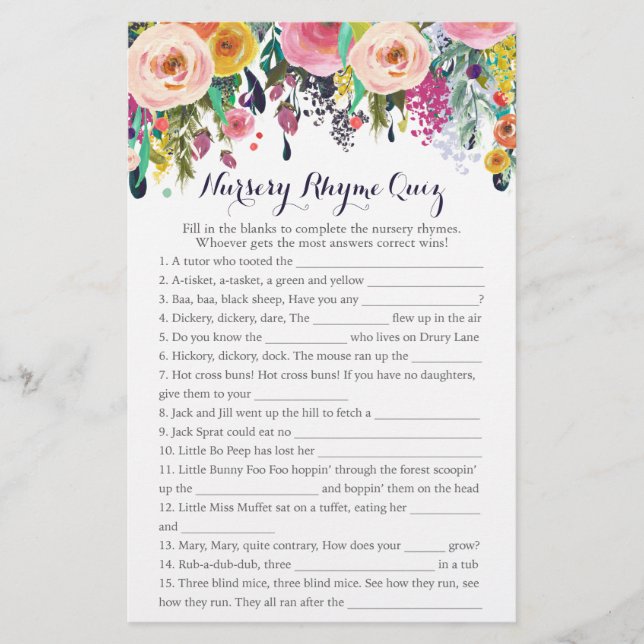 Colorful Flower Baby Shower Nursery Rhyme Quiz (Front)