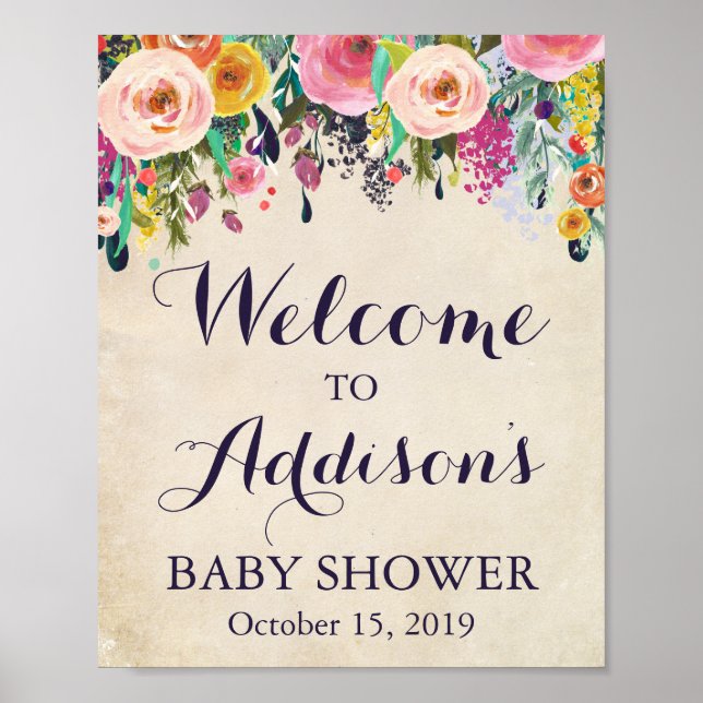 Colorful Flower Baby Shower Welcome Sign Poster (Front)