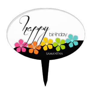 Colorful Flower Black & White Birthday Calligraphy Cake Topper