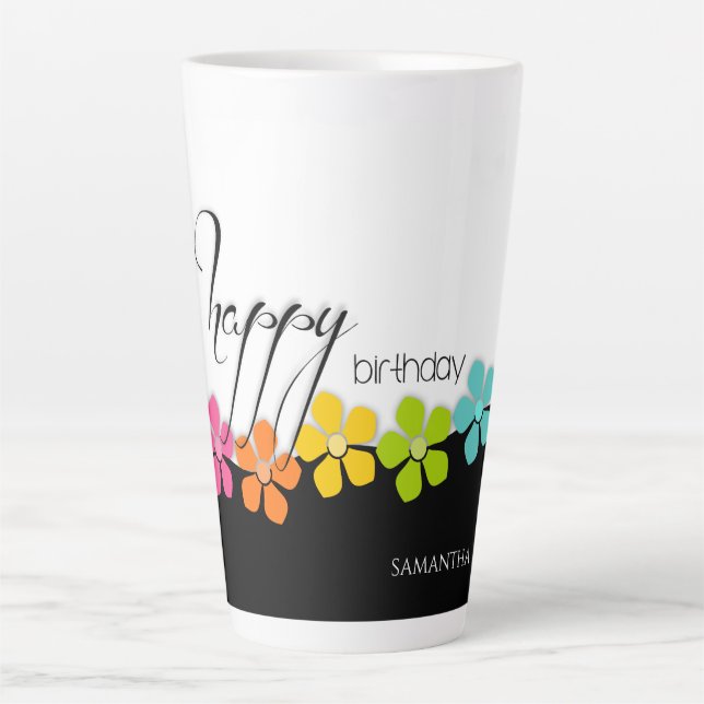 Colorful Flower Black & White Birthday Calligraphy Latte Mug (Front)