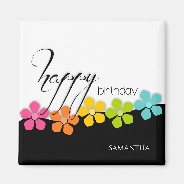 Colorful Flower Black & White Birthday Calligraphy Magnet (Front)