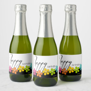 Colorful Flower Black & White Birthday Calligraphy Sparkling Wine Label