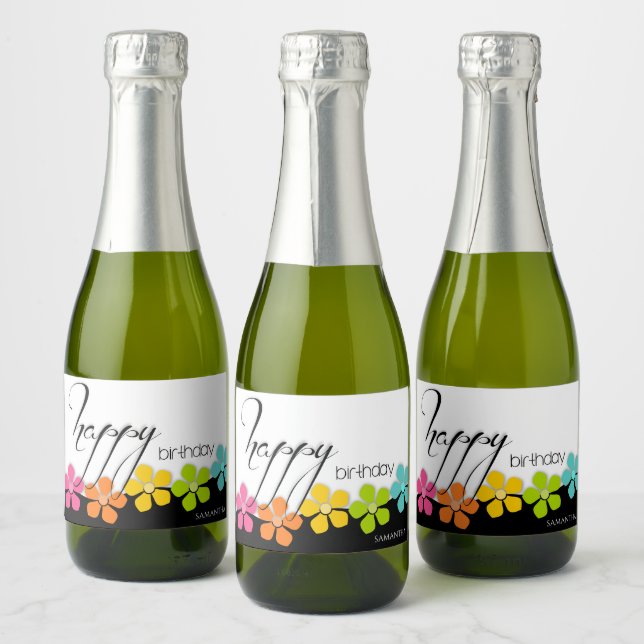 Colorful Flower Black & White Birthday Calligraphy Sparkling Wine Label (Bottles)