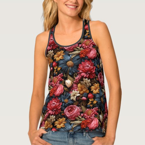 Colorful flower blooms and leaves tank top