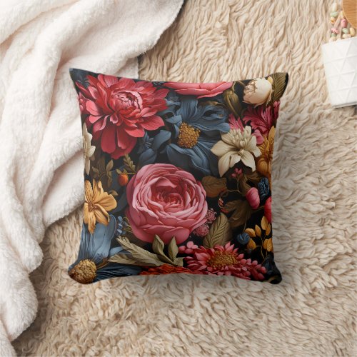 Colorful flower blooms and leaves throw pillow