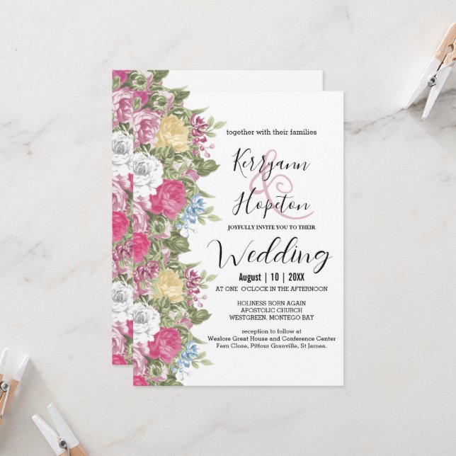 Colorful Flower Blooms Wedding Invitation (Front/Back In Situ)