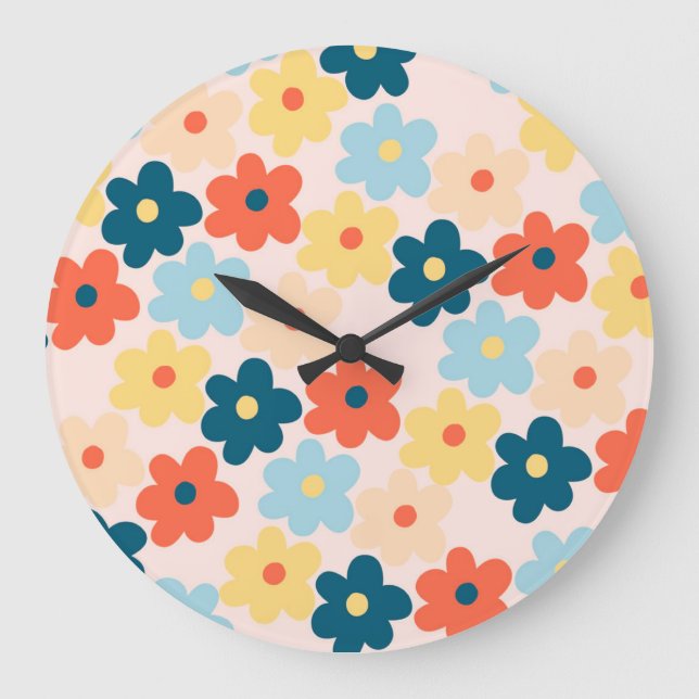 Colorful Flower Boho Retro Large Clock (Front)