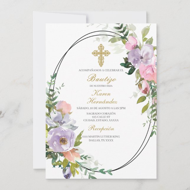 Colorful flower bouquet Baptism Spanish Invitation (Front)