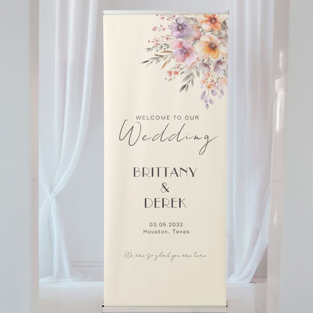 Colorful, Flower Bouquet Beige Wedding Retractable Banner (Colorful, Flower Bouquet Beige Wedding Retractable Banner with your names & date.)