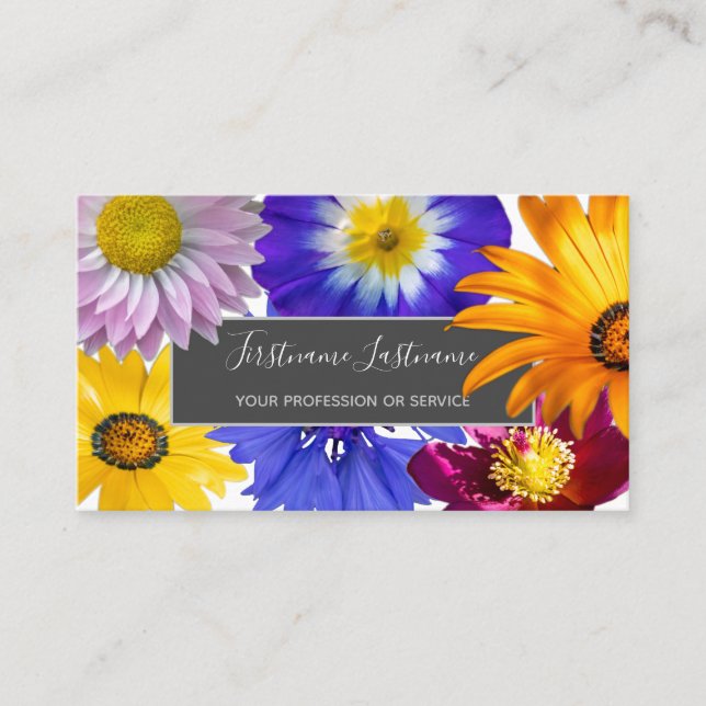 Colorful flower bouquet elegant blossoms business card (Front)