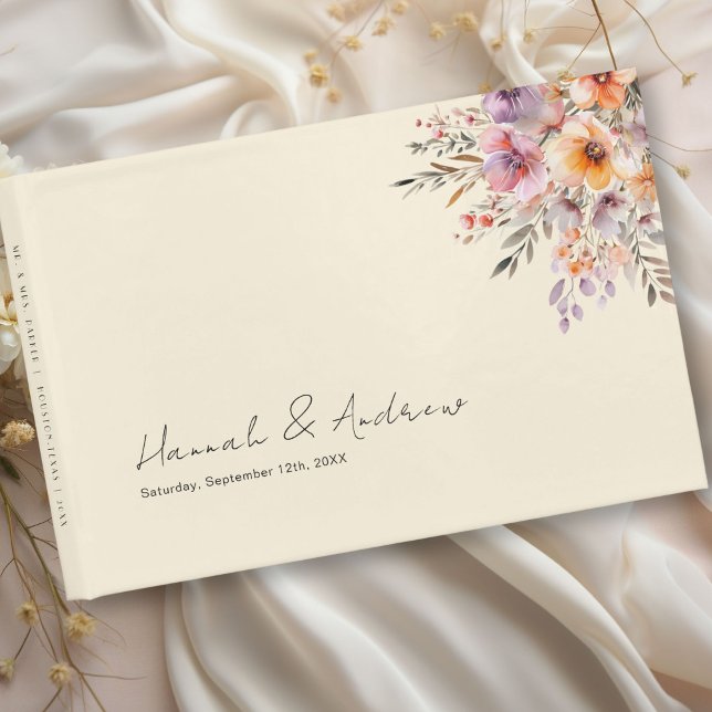 Colorful, Flower Bouquet, Wedding, Beige Guest Book (Colorful, Flower Bouquet, Beige Wedding Guest Book with your name and date.)