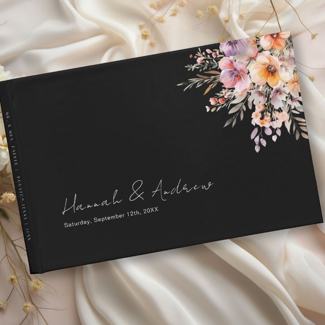 Colorful, Flower Bouquet, Wedding, Black Guest Book (Colorful, Flower Bouquet, Wedding Black Guest Book with your name and date.)