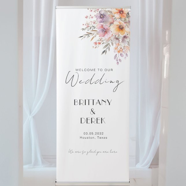 Colorful, Flower Bouquet White Wedding Retractable Banner (Colorful, Flower Bouquet White Wedding Retractable Banner with your names & date.)