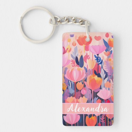 colorful Flower design with individual name text Keychain