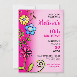 Colorful Flower Doodles Birthday Whimsical Party Invitation