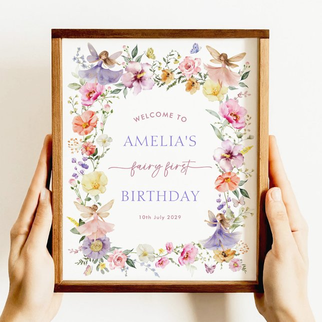 Colorful Flower Fairy First 1st Birthday Welcome Poster (Creator Uploaded)