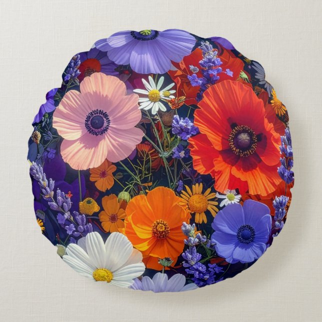 Colorful Flower Fields Round Pillow (Front)