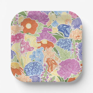 Colorful Flower Garden and Butterflies Paper Plates