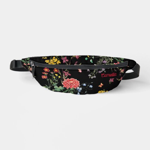 Colorful FLower Garden Hand Drawing Black Custom Fanny Pack