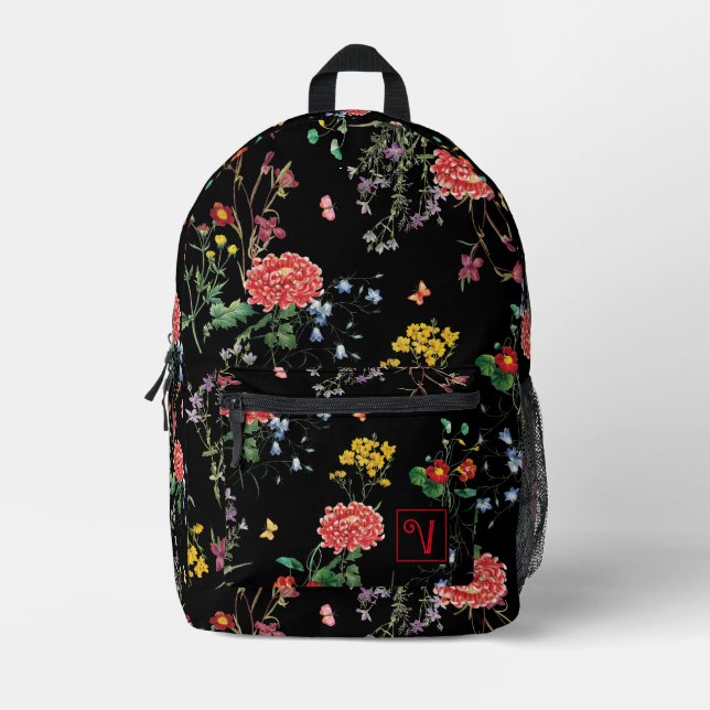 Colorful FLower Garden Hand Drawing Black Custom Printed Backpack (Front)