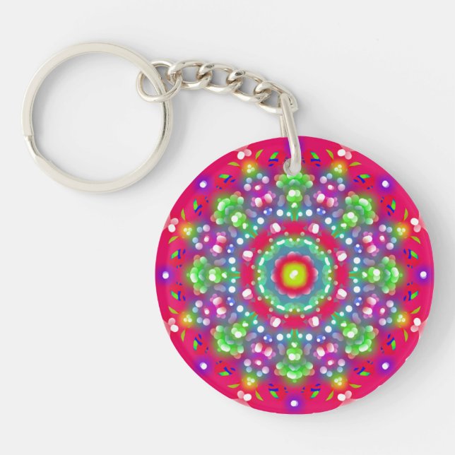 Colorful Flower Garden Mandala Round Keychain (Front)