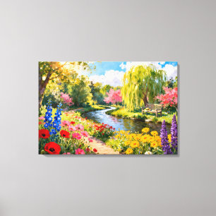 Colorful Flower Garden River Spring Landscape Art Canvas Print