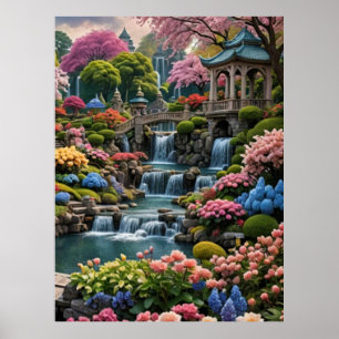 Colorful Flower Garden with Waterfalls Poster